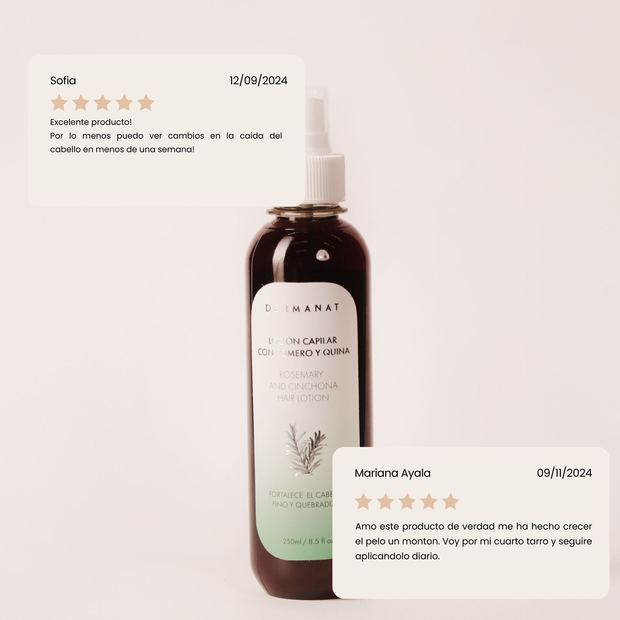 Testimonios de la Loción capilar con romero y quina que mejora brillo del cabello Dermanat
