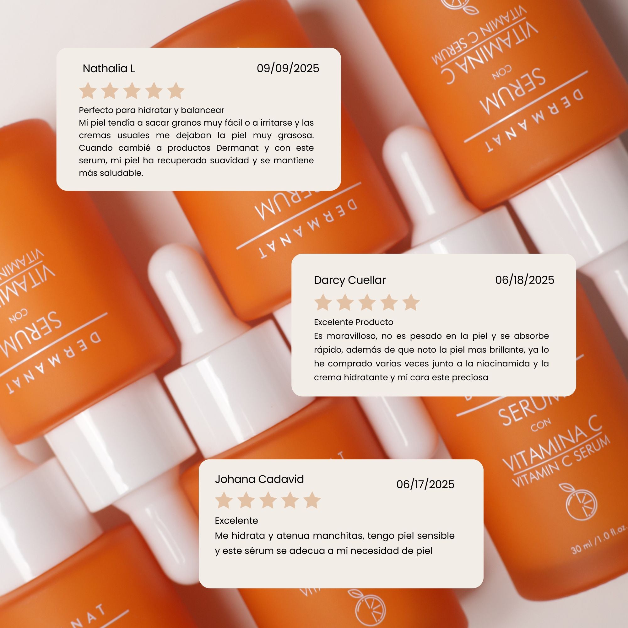 Testimonios del Sérum antioxidante de vitamina C para iluminar y unificar el tono Dermanat